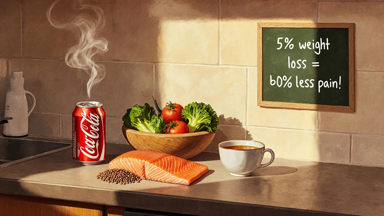 Zdravá strava vedle odhozeného sladkého nápoje na kuchyňském stole.