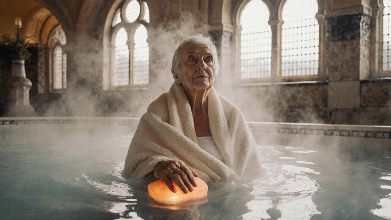 Žena v teplé koupeli v Karlových Varech s tepelným obvazem na koleno.